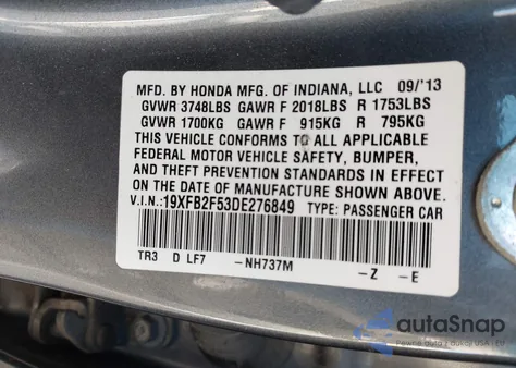 2013 Honda Civic Lx from USA, damaged, VIN 19XFB2F53DE276849